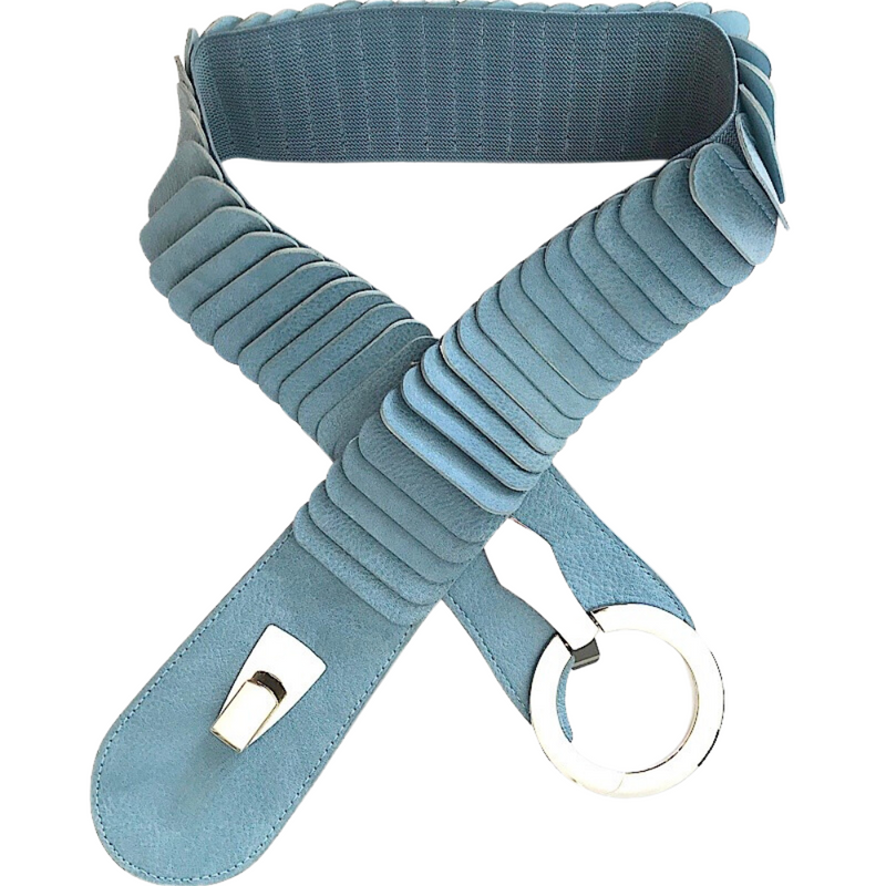 Wide band elastic sky blue leather belt