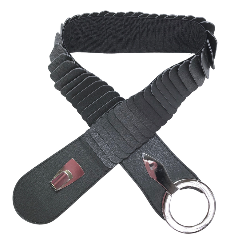 Wide band elastic black leather belt