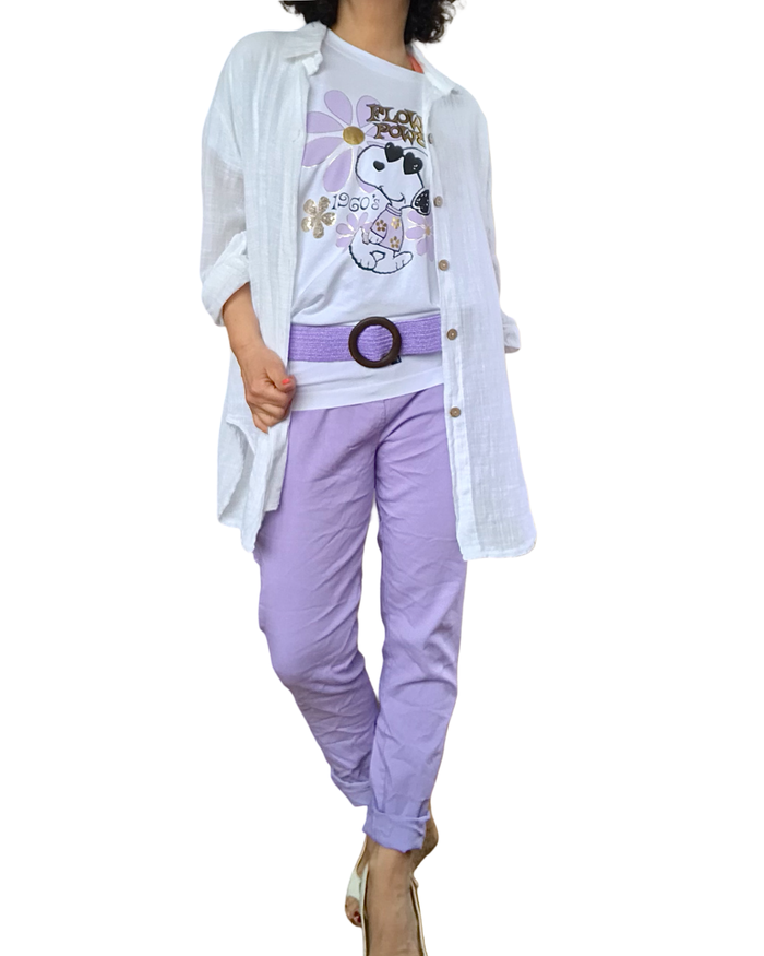 Pantalon lilas à taille élastique avec 4 boutons sur la boutonnière et cordon