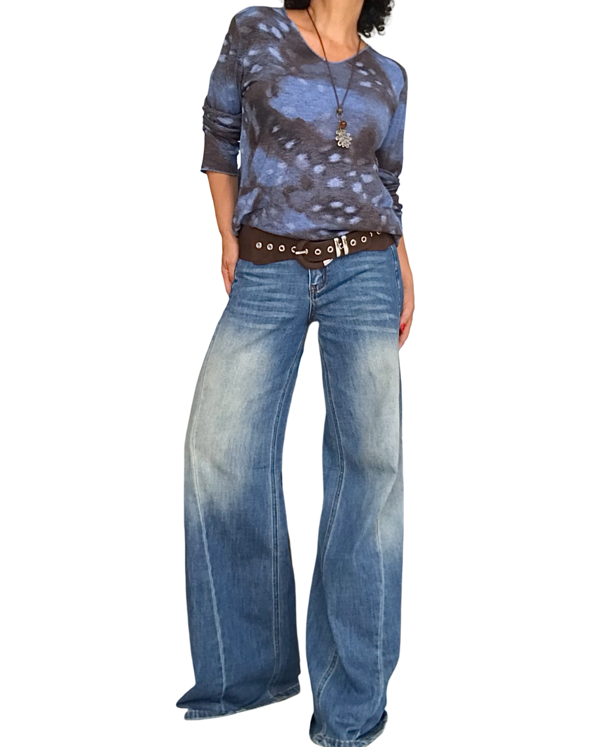 Jeans palazzo bleu avec surpiqûre le long de la jambe