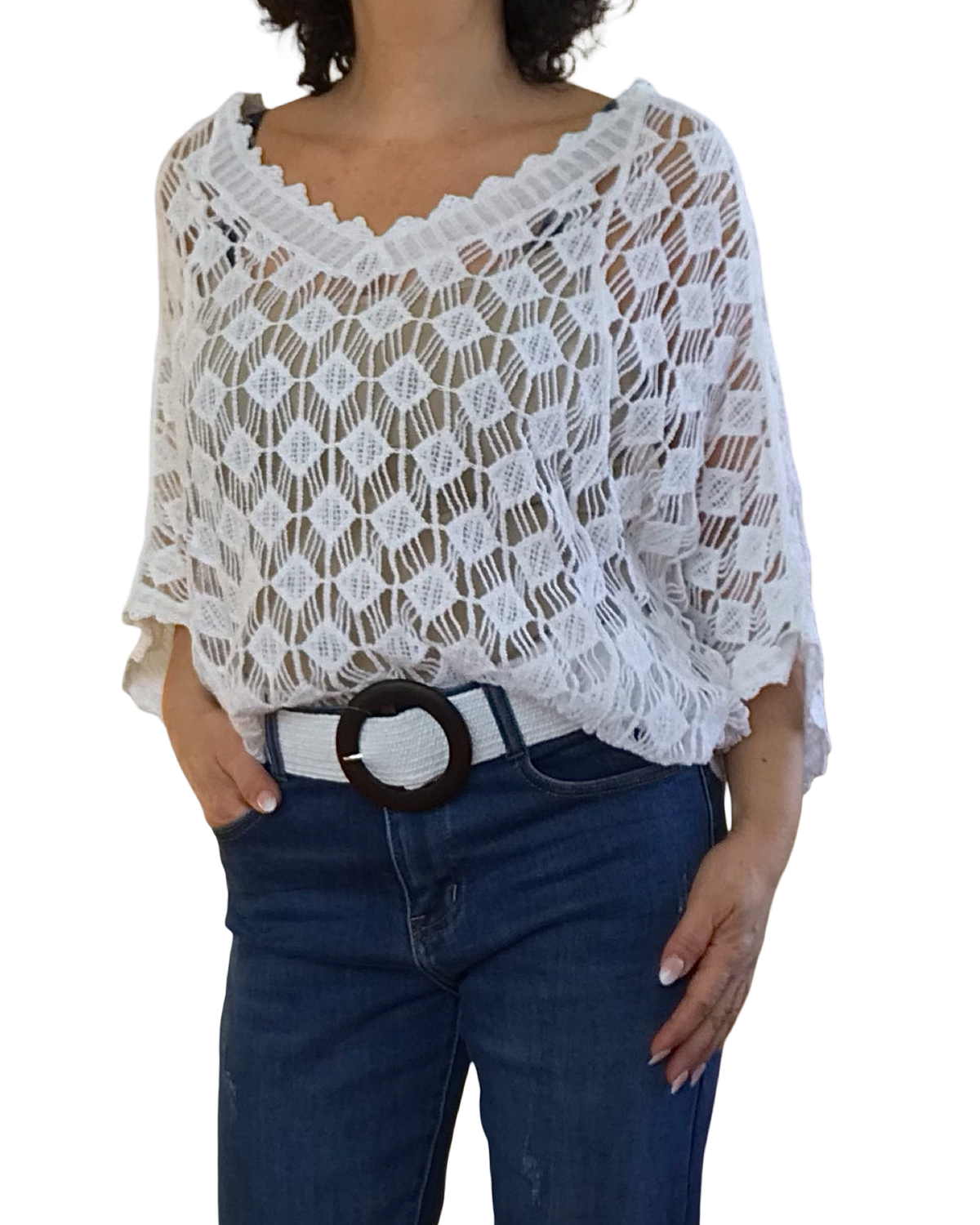 Chandail col en V en crochet losange blanc manche courte