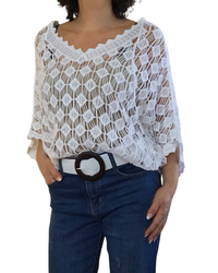 Chandail col en V en crochet losange blanc manche courte