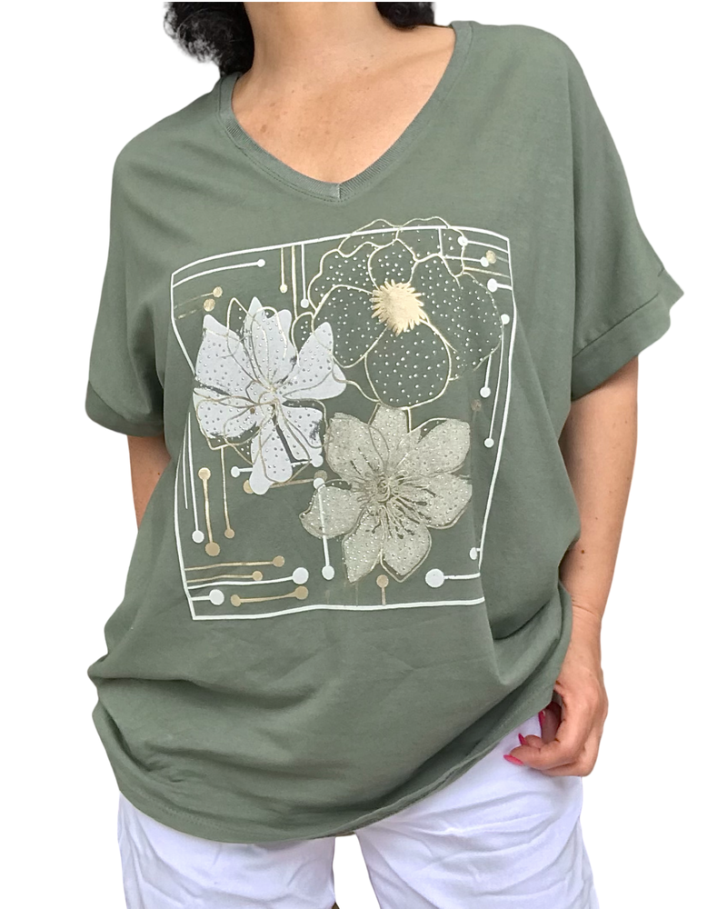 T-shirt kaki col V fleurs dorées – Léger & Stylé