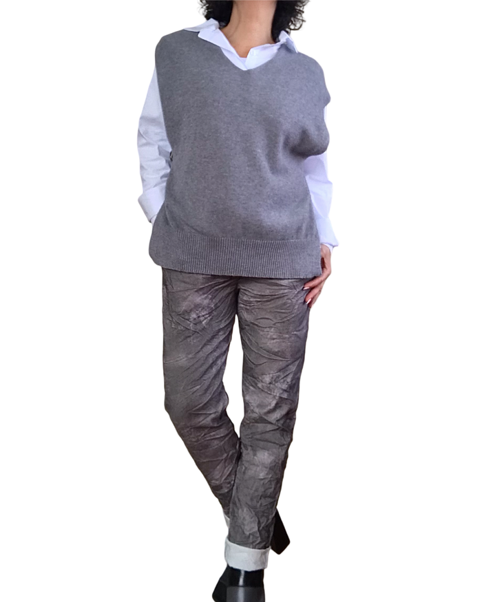 Pantalon à taille élastique marbré gris et moka avec cordon à la taille