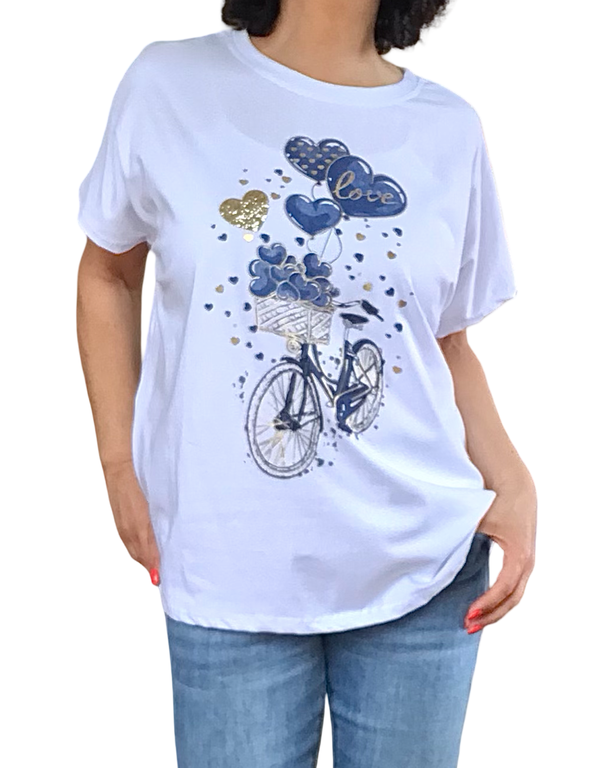 T-shirt blanc avec bicyclette et ballons marine en forme de cœurs