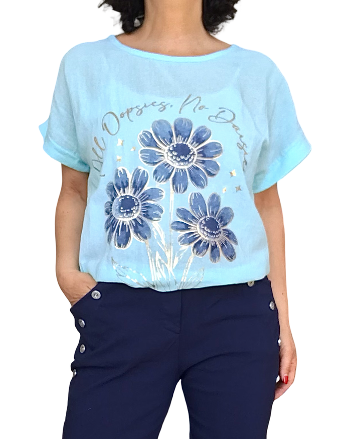 Blouse aqua manche courte avec 3 marguerites marines