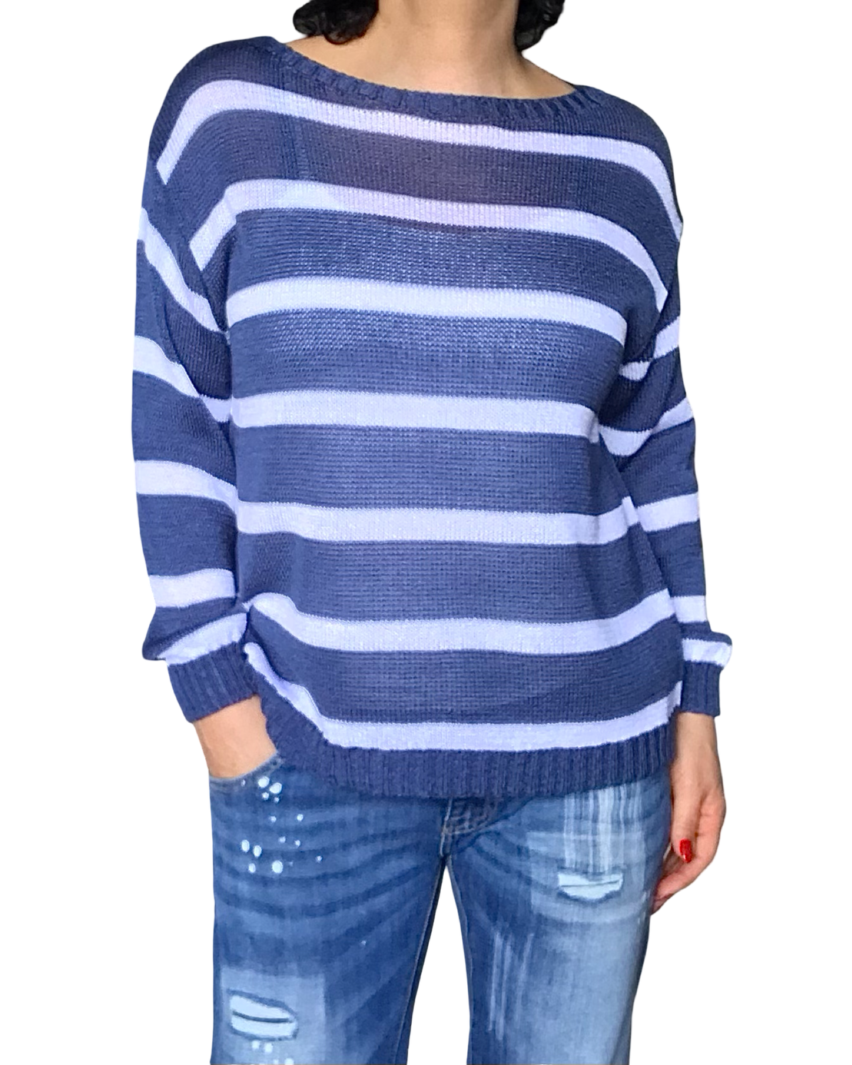 Chandail en tricot manches longues col rond à rayures blanche et bleu jeans