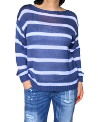 Chandail en tricot manches longues col rond à rayures blanche et bleu jeans