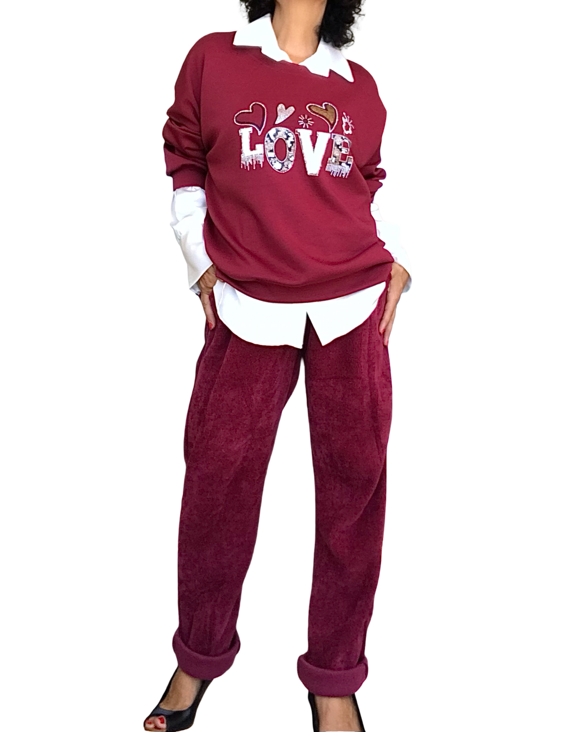 Chandail uni bourgogne col rond en jersey « Love »