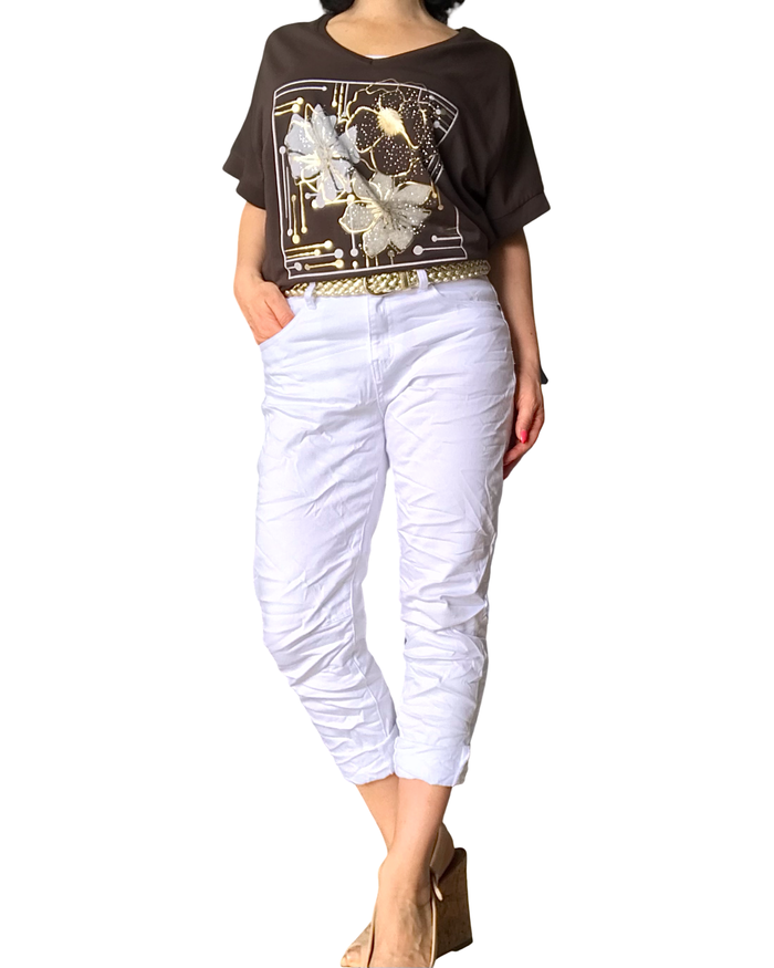 T-shirt brun col V fleurs – doux et stylé 🌼