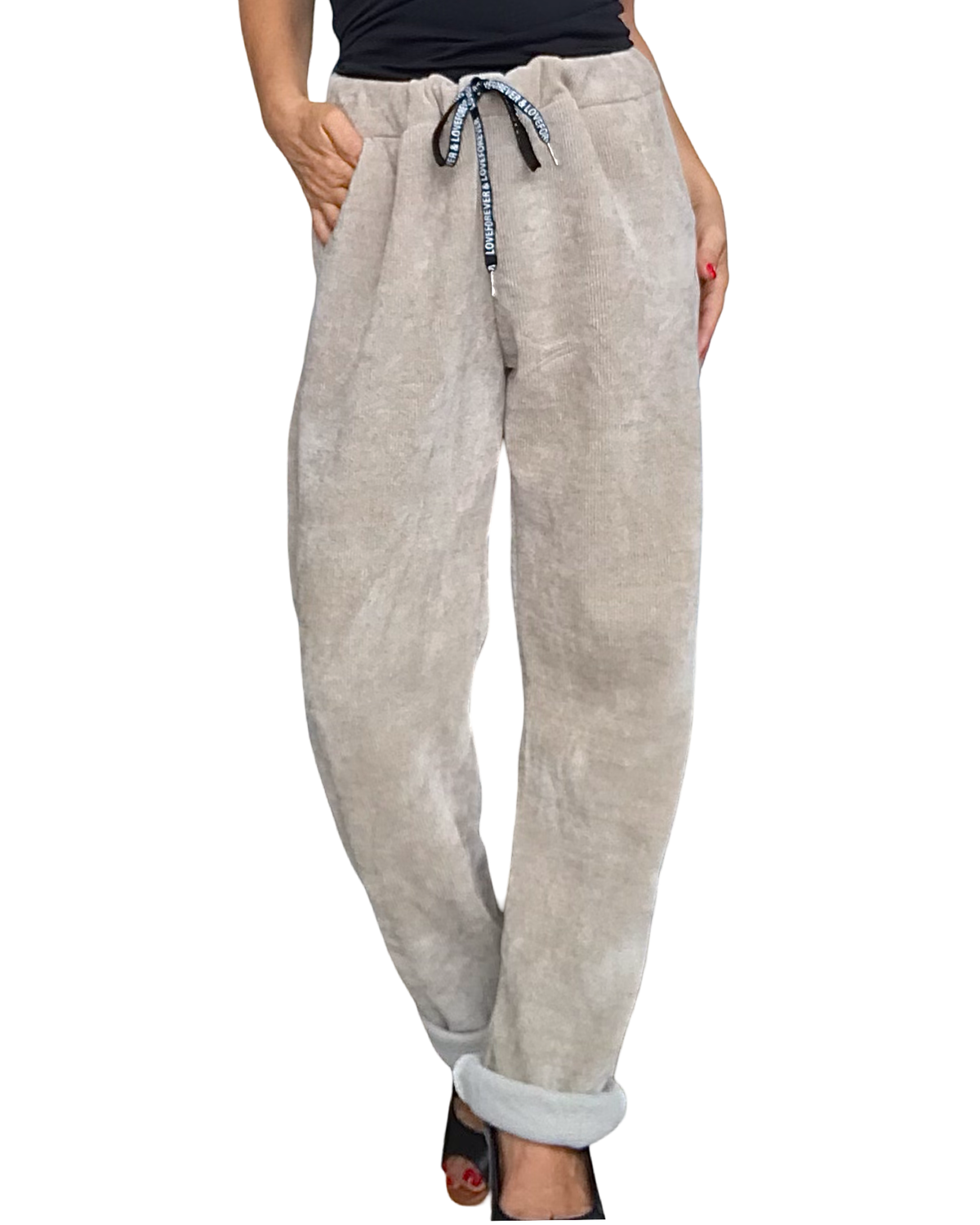 Pantalon beige en corderoy à taille élastique avec cordon