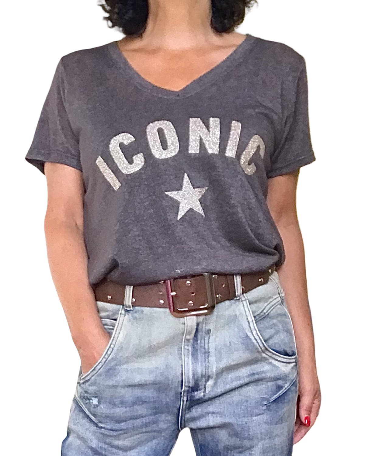 T-shirt uni brun « ICONIC » manche courte col en V