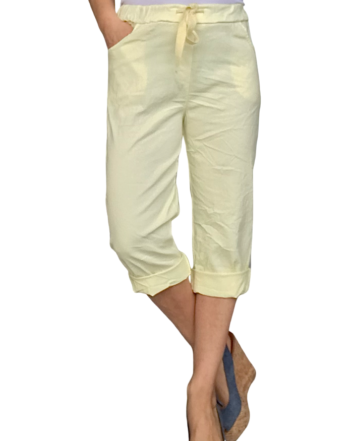 Capri jaune pâle à taille élastique avec cordon