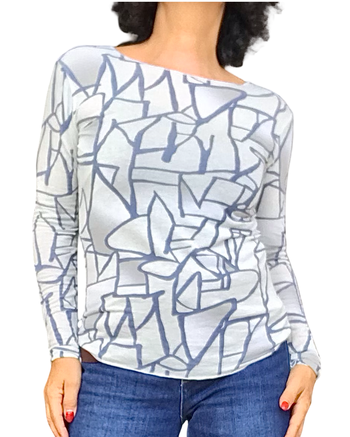 T-shirt manches longues crème à motif abstrait de lignes bleues entremêlées, col rond – vue de face