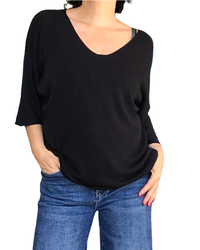 Chandail uni noir, col en V manche 3/4