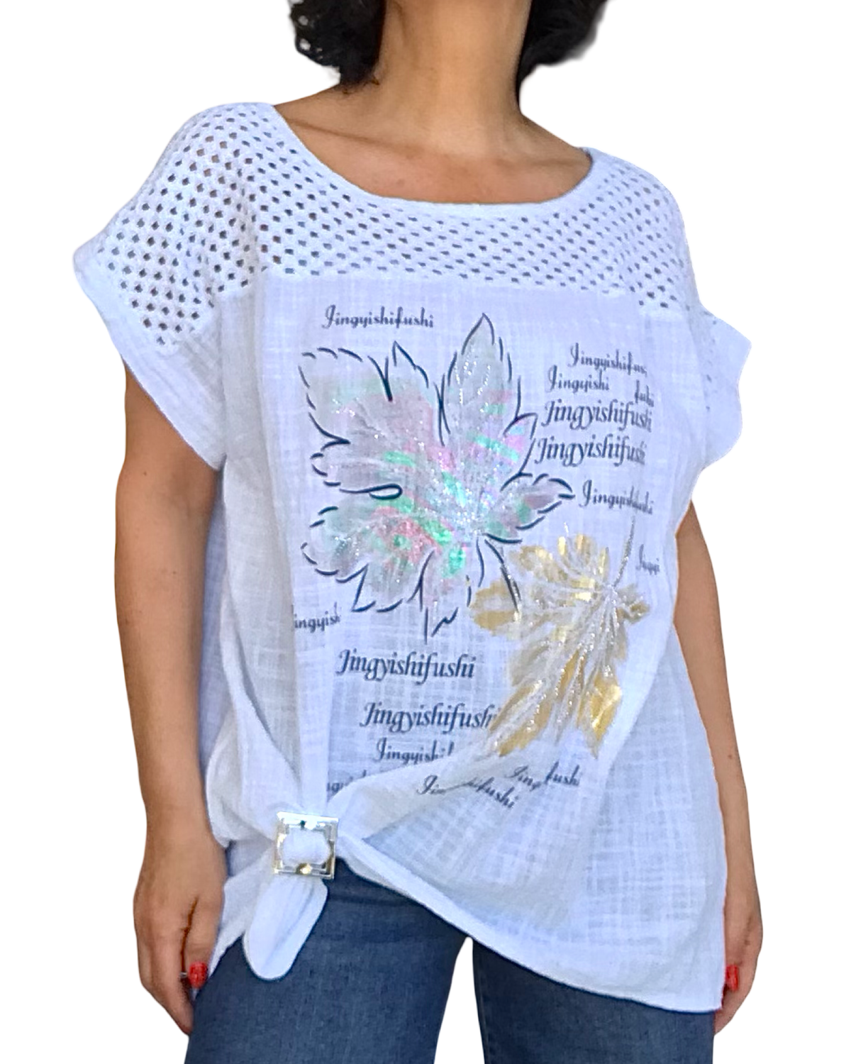 T-shirt blanc avec dessin de feuilles, garni d’une bande en crochet dans le haut