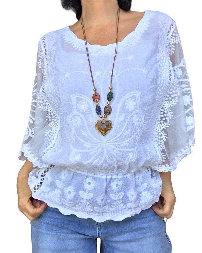 Blouse en voile, dentelle et broderie, élastique à la taille | Livraison 10 mai