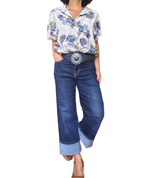 Chemise crème fleurie marine et kaki manche courte