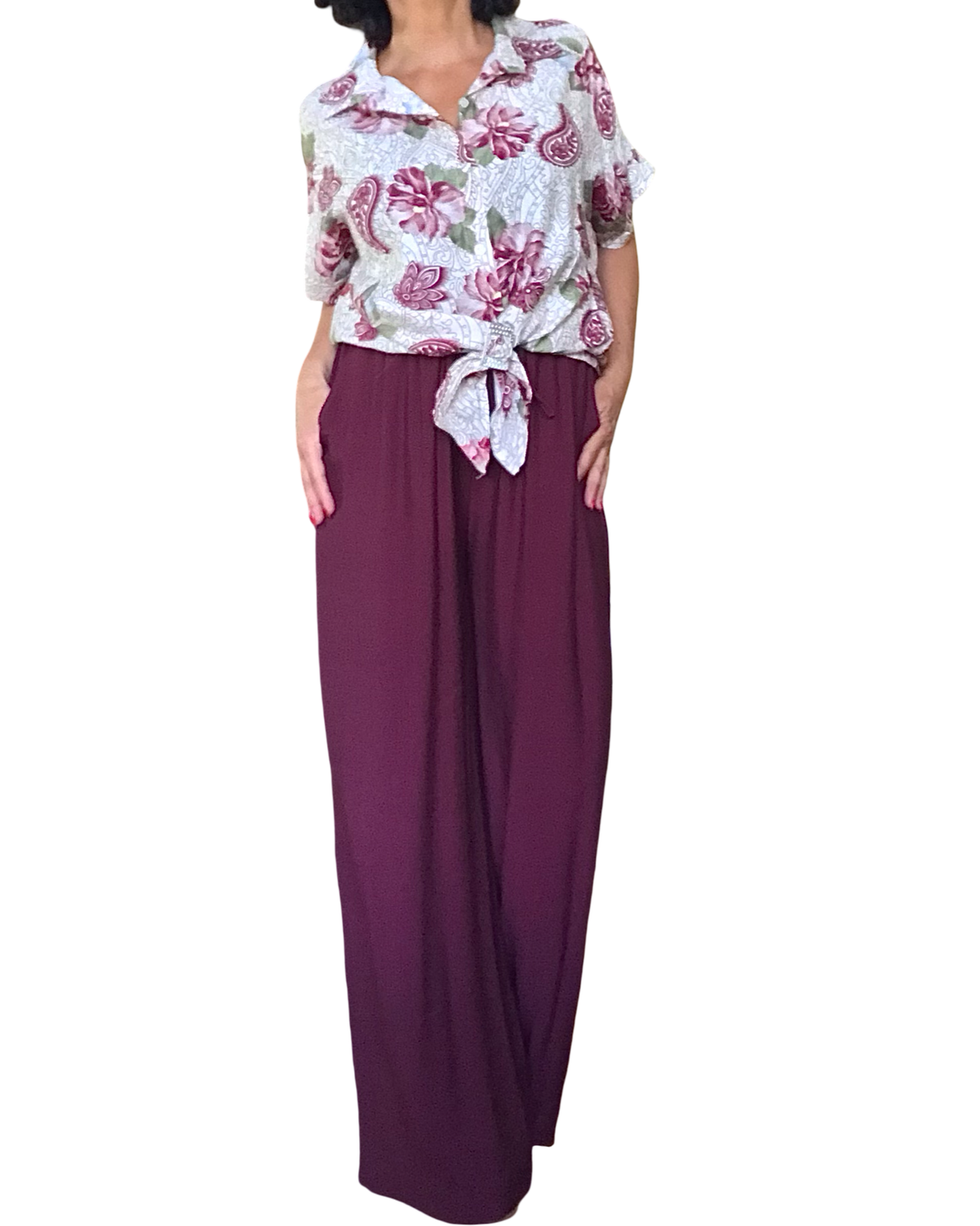 Chemise crème fleurie rouge vin et kaki manche courte