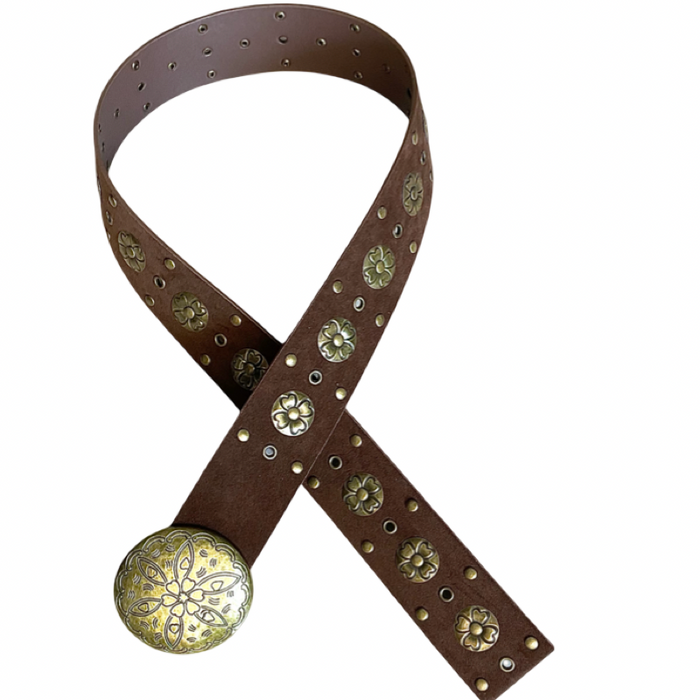 Ceinture en similicuir brune avec fleurs dorées appliquées et boucle ronde( Livraison 10 septembre)