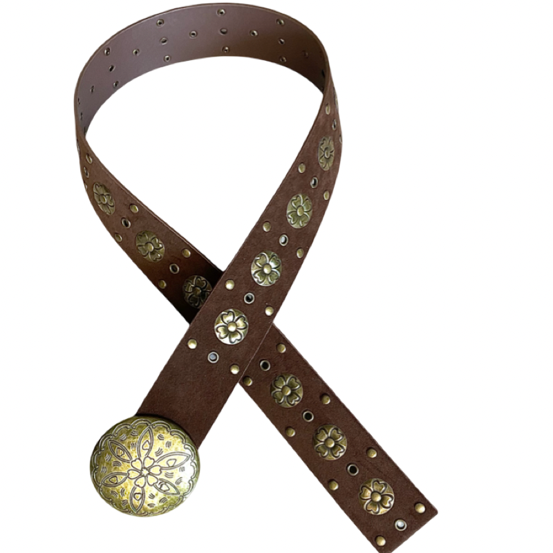 Ceinture en similicuir brune avec fleurs dorées appliquées et boucle ronde( Livraison 10 septembre)