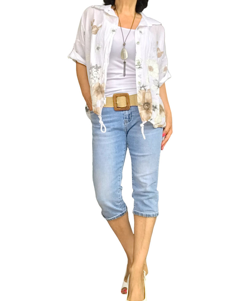 Chemise manche courte à cordon fleurs noisettes