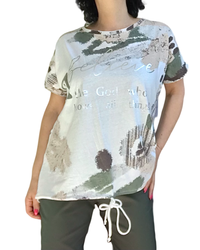 T-shirt abstrait kaki et beige au message argenté