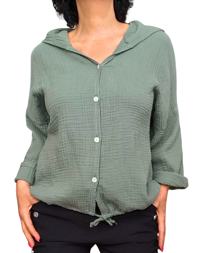 Chemise kaki, texturé, manches longues avec cordon en bas