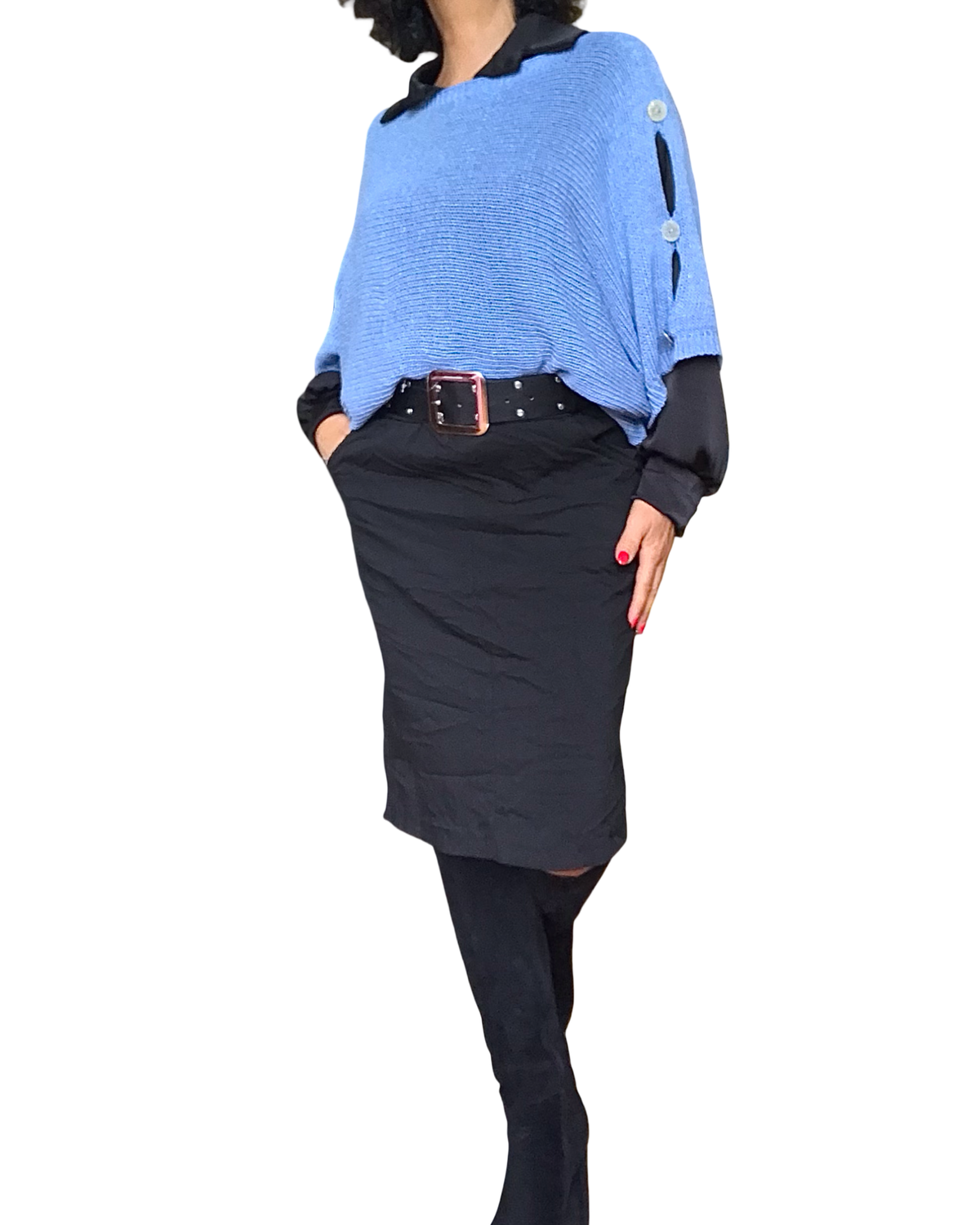 Chandail uni bleu jeans en tricot avec ouvertures sur les épaules