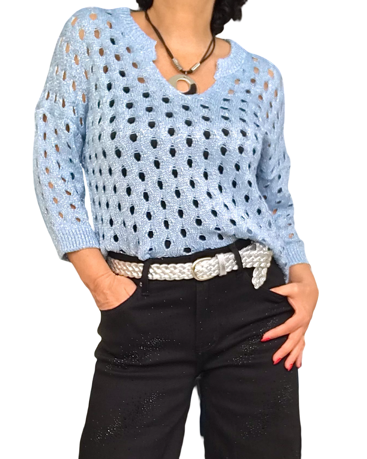 Chandail de tricot bleu ciel en grandes mailles