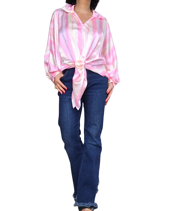 Blouse en satin rayé rose et beige manche chauve-souris