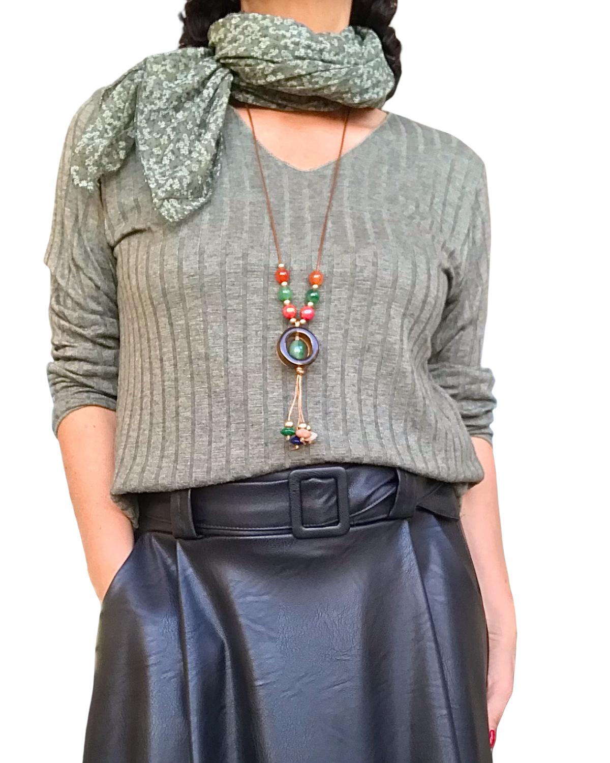 Chandail uni kaki en rib col en V manche longue