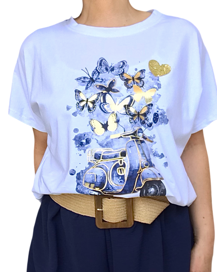 T-shirt blanc Vespa & papillons – style doux et estival
