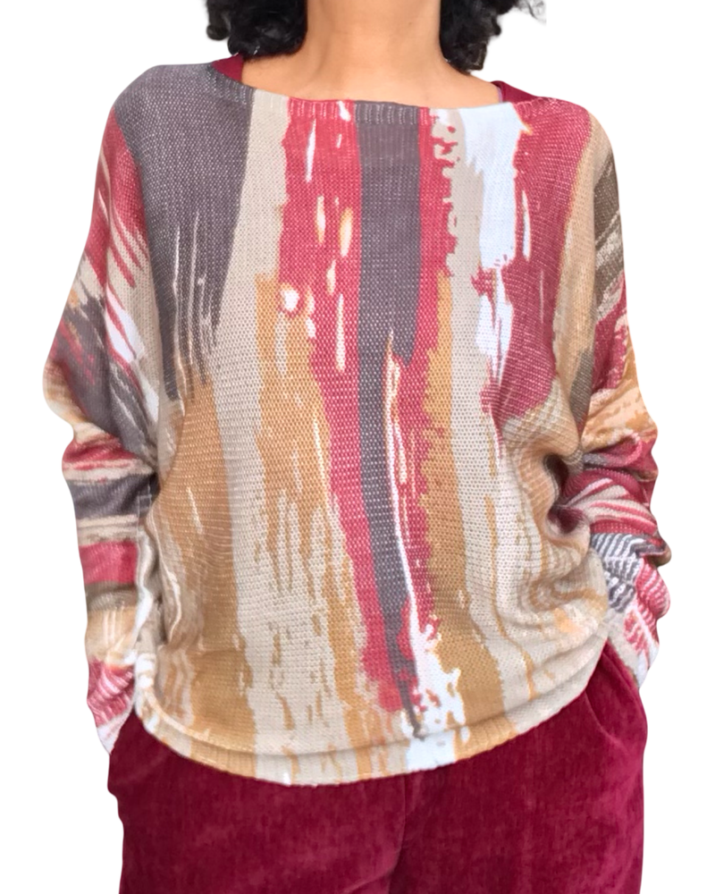Chandail tricot léger col rond manche longue, imprimé abstrait