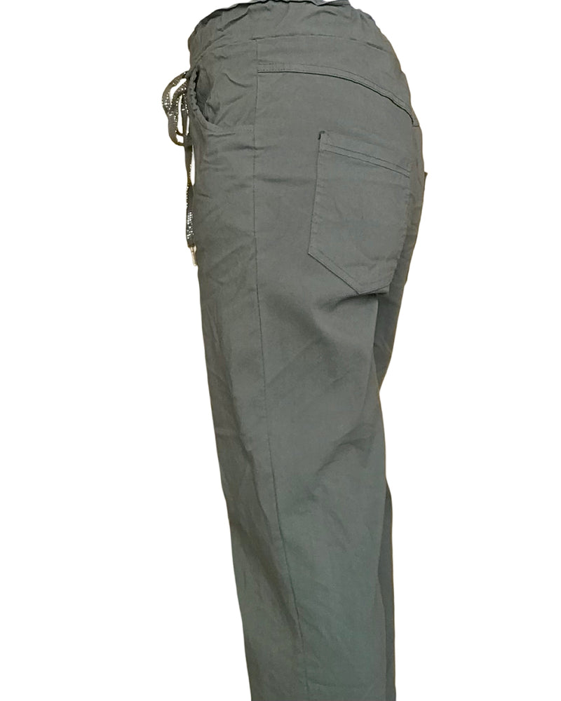 Pantalon kaki à taille élastique avec cordon de coté