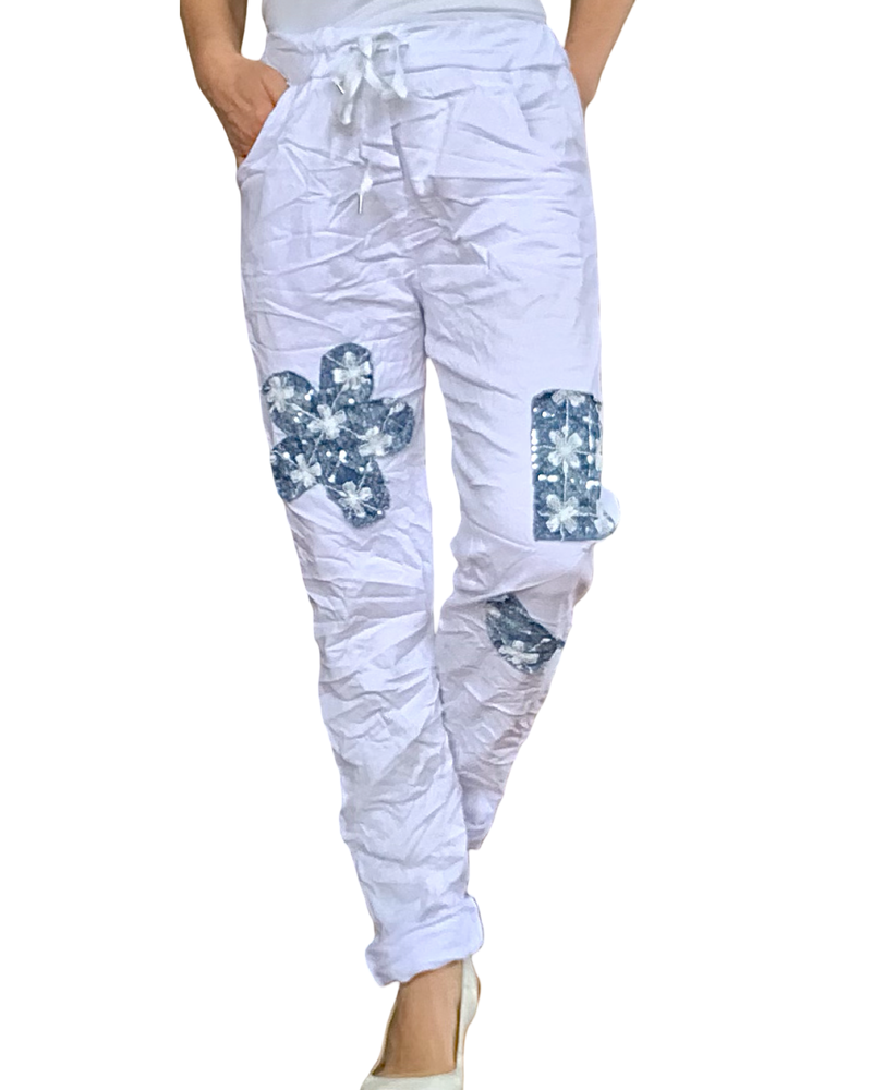 Pantalon blanc avec patch bleu jeans à taille élastique avec cordon
