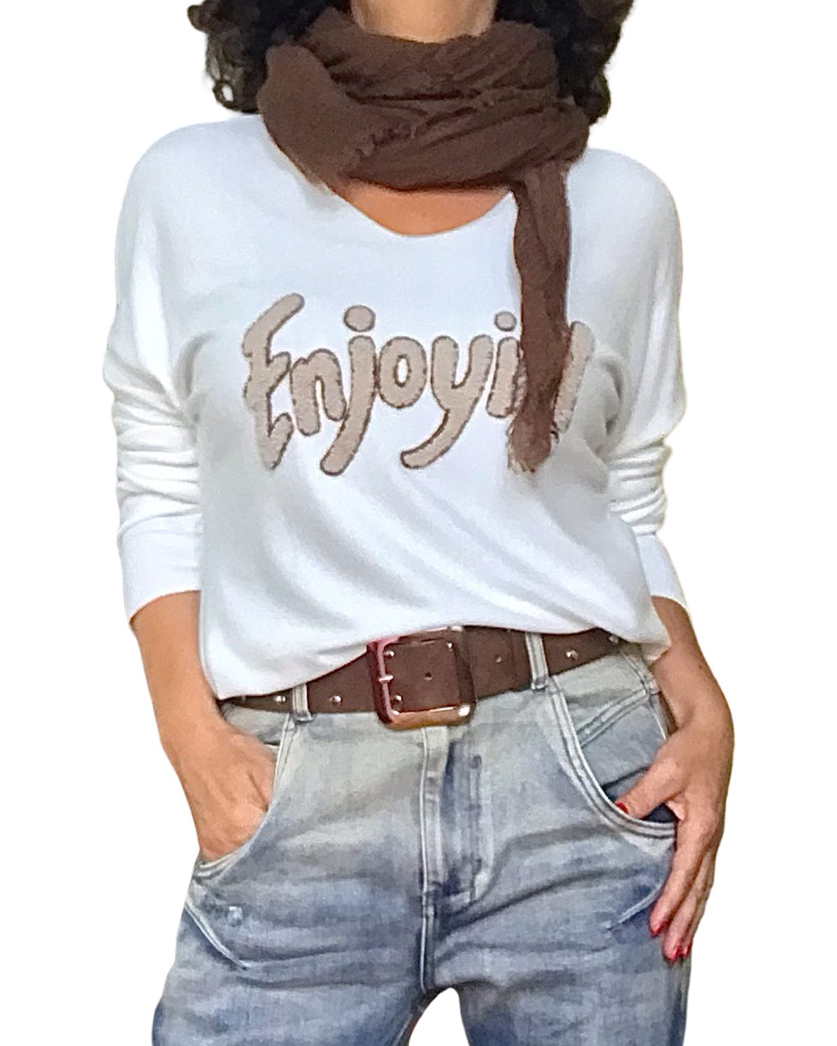 Chandail uni blanc cassé « Enjoy it » col  en V manche longue