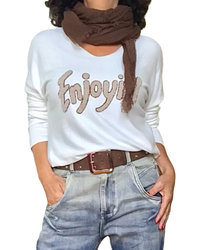 Chandail uni blanc cassé « Enjoy it » col  en V manche longue