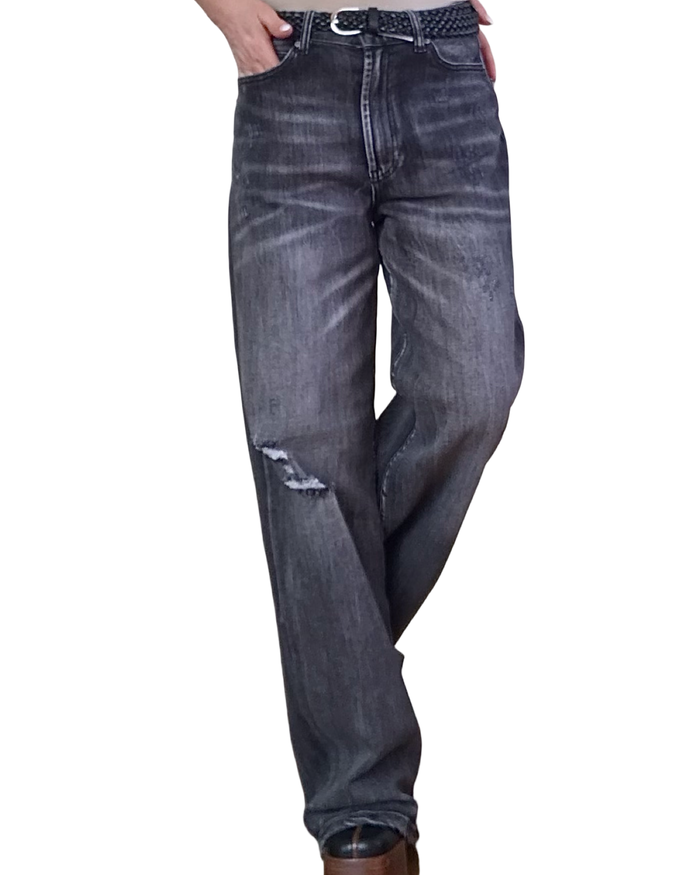 Jeans noir délavé , jambe large 32 pouces de jambe avec trous et égratignures