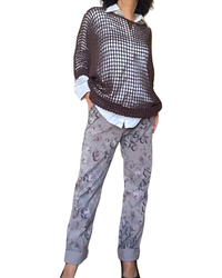 Pantalon à taille élastique moka imprimé floral brun avec cordon