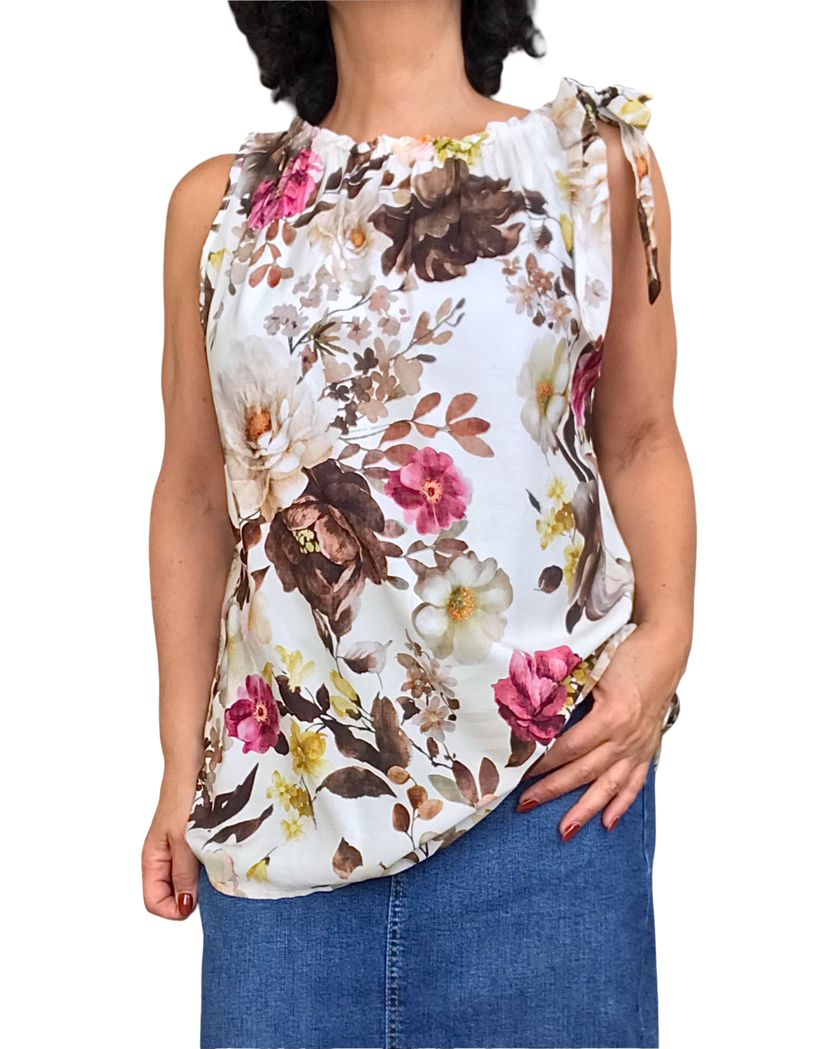 Camisole crème fleuri brun et rouge vin, encolure élastique garni d’une boucle