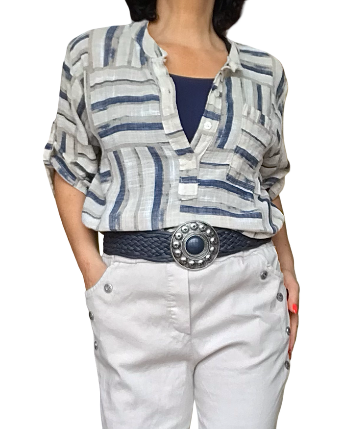 Blouse manche courte, rayures horizontales et verticales beige, marine, moka