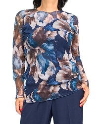 Chandail à manches longues en voile à fleurs marine, beige, sarcelle et brun