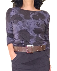 T-shirt brun fleuri ton sur ton, manche longue col rond