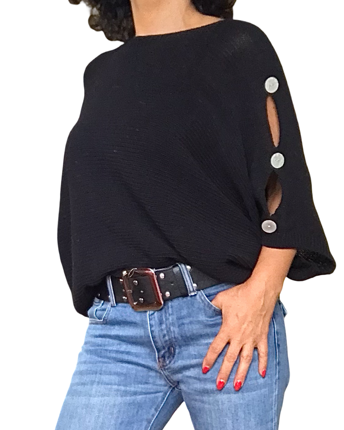 Chandail uni noir en tricot avec ouvertures sur les épaules