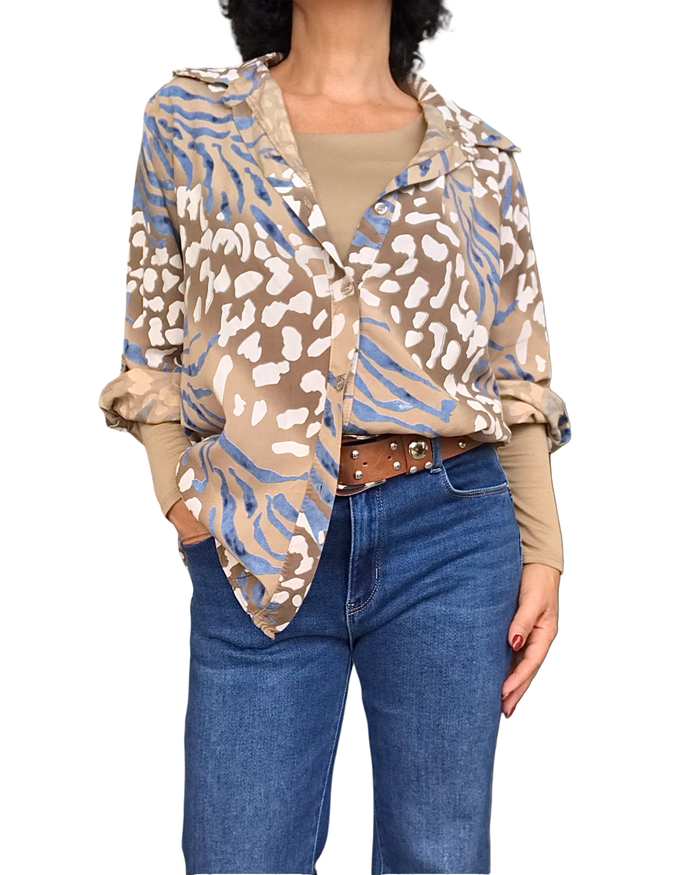 Chemise camel à manche 3/4 avec imprimé léopard