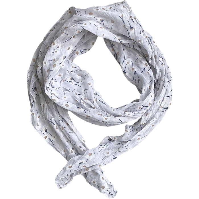 Foulard blanc imprimé de fleurs blanches,bleu et camel  30% soie et 70% coton