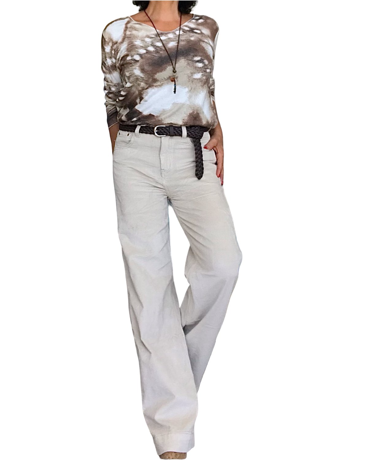 T-shirt manche longue imprimé arty blanc, brun, Camel et beige