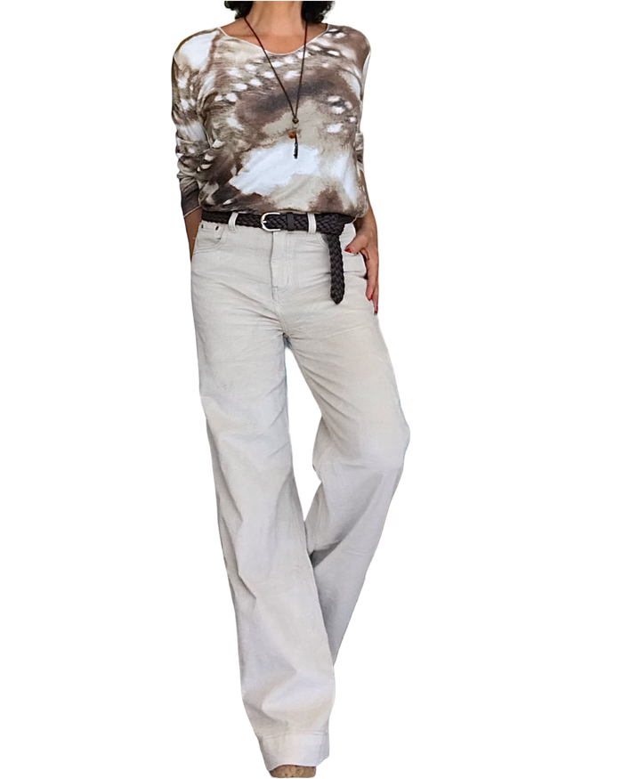 T-shirt manche longue imprimé arty blanc, brun, Camel et beige