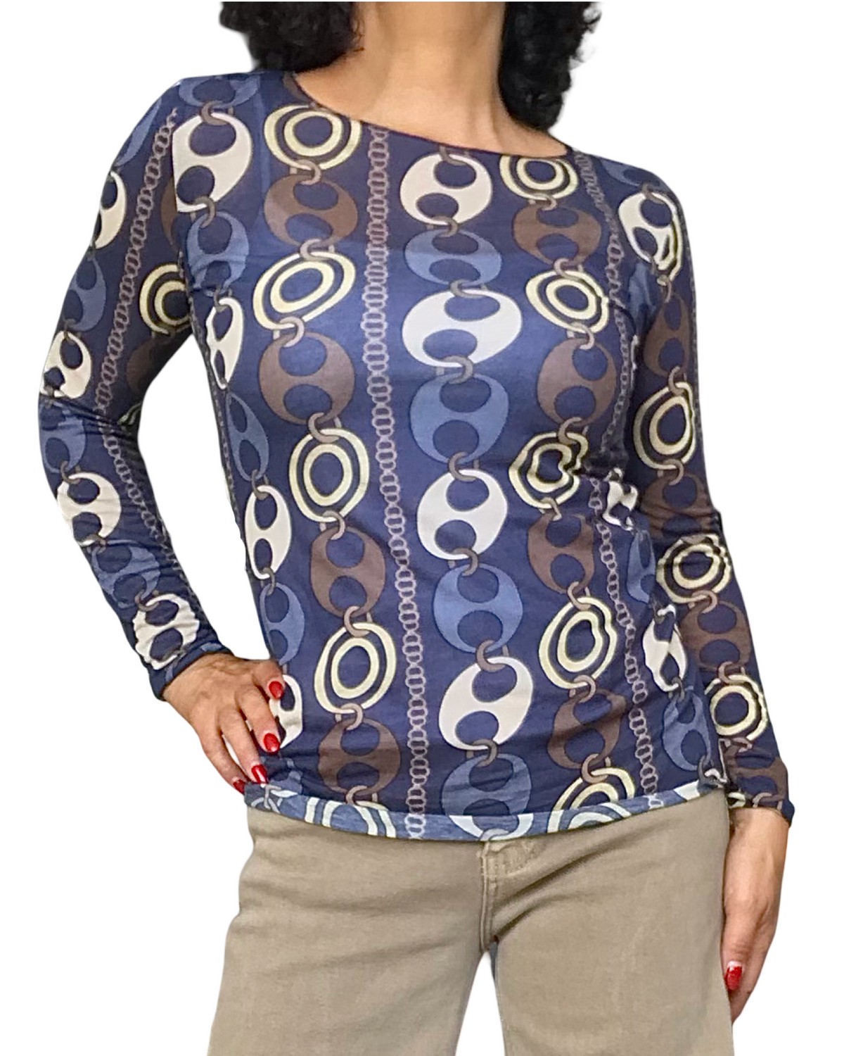 T-shirt manches longues marine à motif de grosses mailles et chaînes brun, beige et jaune pâle – vue de face